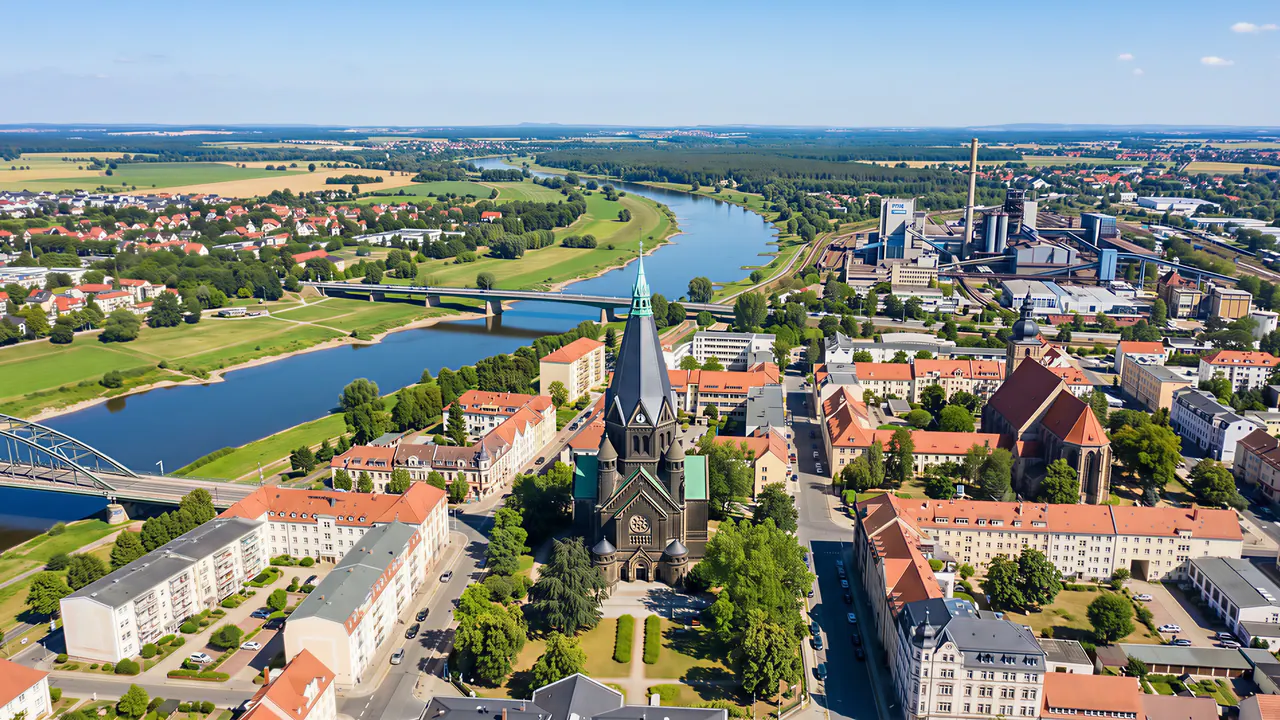 Luftaufnahme über Riesa mit Trinitatiskirche im Zentrum, Elbe-Bogen und der Riesaer Stahlwerk-Skyline am Horizont.